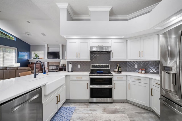 2903 Manor Ridge Pl, Valrico, FL 33596 - kitchen with appliances with stainless steel finishes, under cabinet range hood, light countertops, decorative backsplash, and ornamental molding