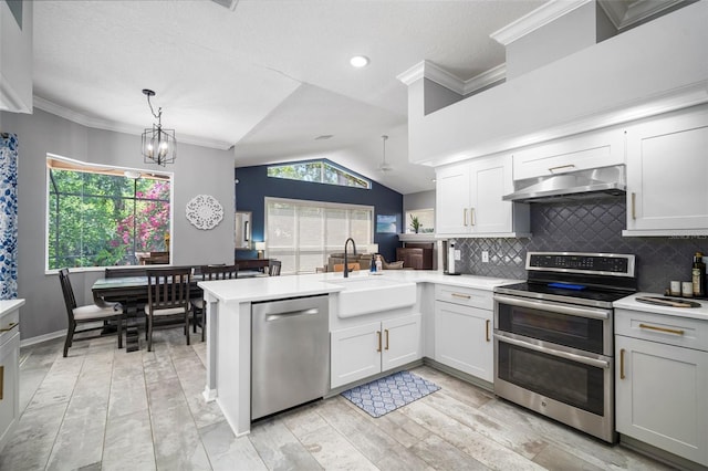 2903 Manor Ridge Pl, Valrico, FL 33596 - kitchen with appliances with stainless steel finishes, exhaust hood, a sink, a peninsula, and light countertops