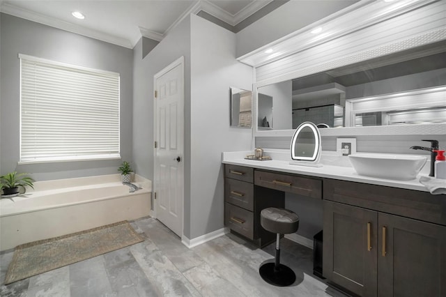 2903 Manor Ridge Pl, Valrico, FL 33596 - bathroom with ornamental molding, double vanity, a bath, baseboards, and recessed lighting