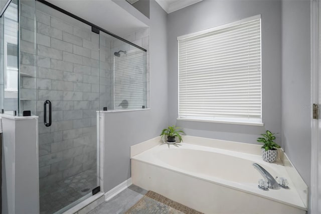 2903 Manor Ridge Pl, Valrico, FL 33596 - bathroom with a garden tub, a stall shower, and crown molding
