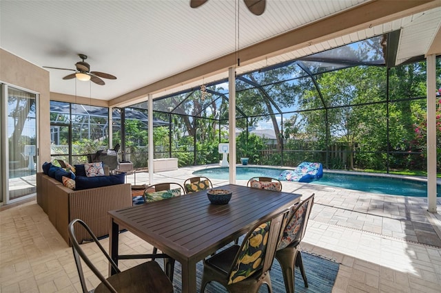 2903 Manor Ridge Pl, Valrico, FL 33596 - sunroom featuring a ceiling fan and a pool