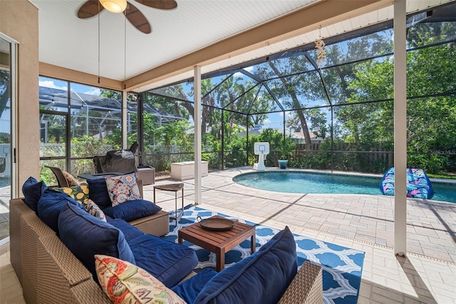 2903 Manor Ridge Pl, Valrico, FL 33596 - view of pool featuring an outdoor living space, a ceiling fan, a patio, and a lanai