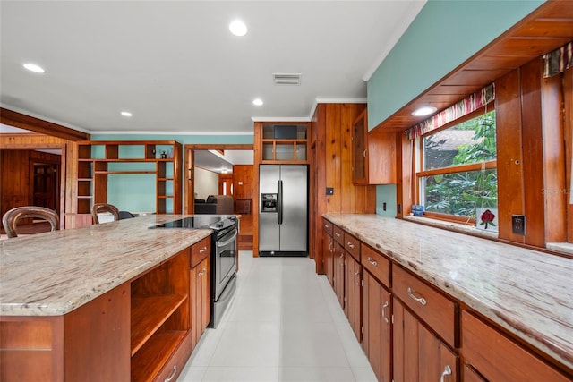 8011 N Mobley Rd, Odessa, FL 33556 - kitchen featuring appliances with stainless steel finishes, open shelves, brown cabinetry, crown molding, and recessed lighting