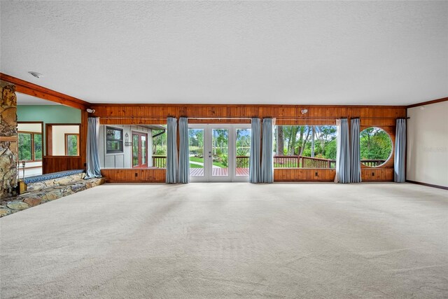 8011 N Mobley Rd, Odessa, FL 33556 - unfurnished living room with carpet floors, wooden walls, a textured ceiling, and crown molding