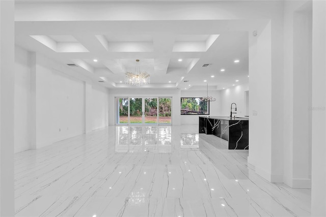 11921 Fort King Hwy, Thonotosassa, FL 33592 - unfurnished living room with a chandelier, coffered ceiling, recessed lighting, and beam ceiling