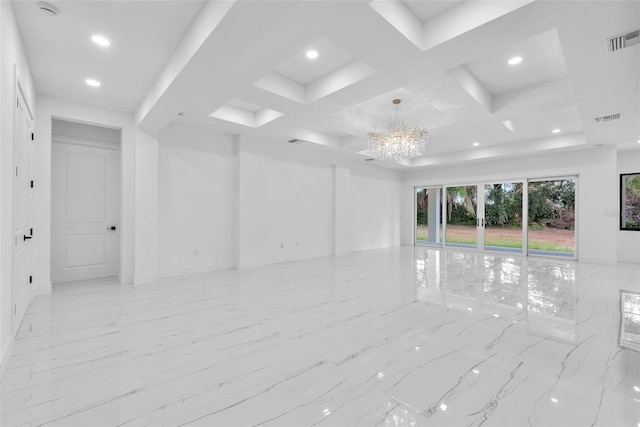 11921 Fort King Hwy, Thonotosassa, FL 33592 - spare room with a chandelier, recessed lighting, coffered ceiling, beamed ceiling, and light marble finish flooring