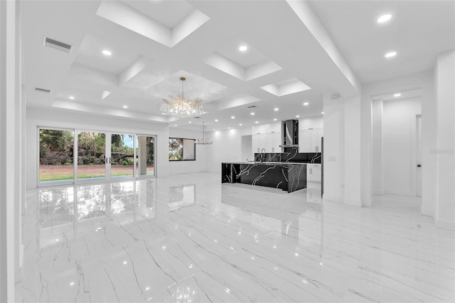 11921 Fort King Hwy, Thonotosassa, FL 33592 - unfurnished living room with a chandelier, light marble finish floors, recessed lighting, coffered ceiling, and beam ceiling