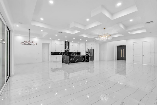11921 Fort King Hwy, Thonotosassa, FL 33592 - unfurnished living room featuring a chandelier, recessed lighting, coffered ceiling, and light marble finish floors