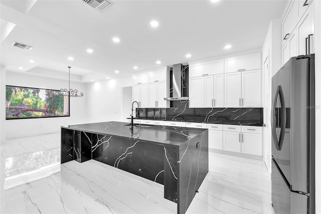 11921 Fort King Hwy, Thonotosassa, FL 33592 - kitchen featuring stainless steel fridge with ice dispenser, wall chimney exhaust hood, a sink, light marble finish floors, and recessed lighting