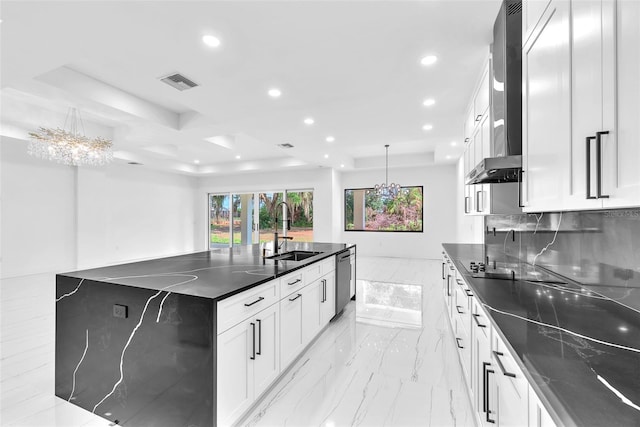 11921 Fort King Hwy, Thonotosassa, FL 33592 - kitchen with a sink, a chandelier, stainless steel dishwasher, recessed lighting, and wall chimney range hood