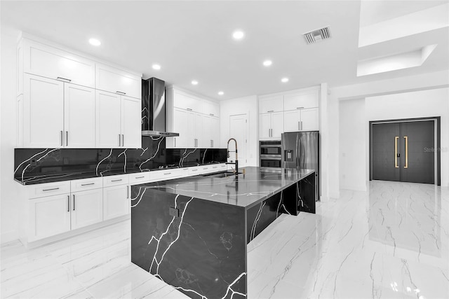 11921 Fort King Hwy, Thonotosassa, FL 33592 - kitchen featuring wall chimney exhaust hood, a sink, stainless steel fridge, recessed lighting, and tasteful backsplash