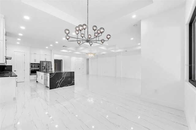 11921 Fort King Hwy, Thonotosassa, FL 33592 - kitchen featuring dark countertops, recessed lighting, a chandelier, a sink, and white cabinetry