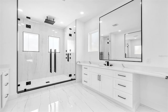 11921 Fort King Hwy, Thonotosassa, FL 33592 - full bath with a marble finish shower, marble finish floors, vanity, and recessed lighting