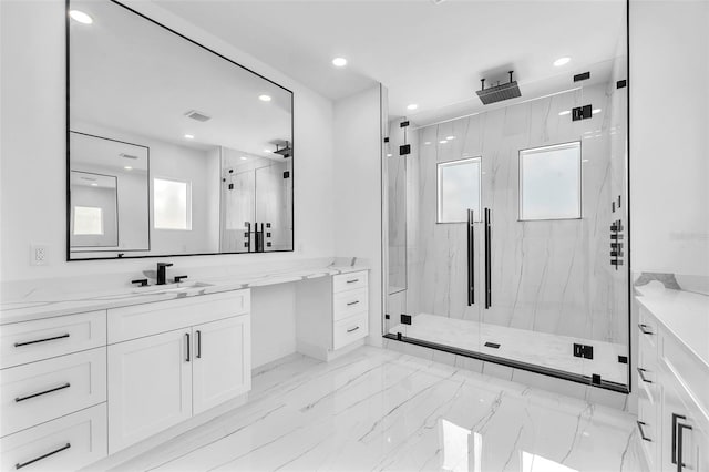 11921 Fort King Hwy, Thonotosassa, FL 33592 - bathroom with healthy amount of natural light, a marble finish shower, vanity, and recessed lighting