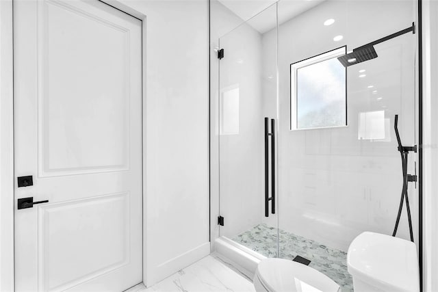 11921 Fort King Hwy, Thonotosassa, FL 33592 - bathroom with toilet, marble finish flooring, a stall shower, and baseboards