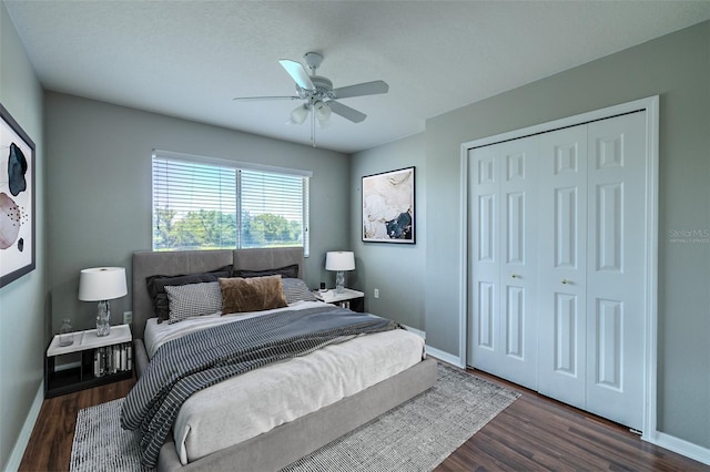 7852 Stoney Hill Dr, Wesley Chapel, FL 33545 - bedroom with dark wood-style flooring, baseboards, a closet, and a ceiling fan
