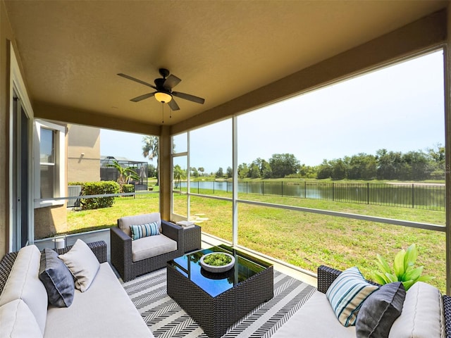 7852 Stoney Hill Dr, Wesley Chapel, FL 33545 - sunroom / solarium with a water view, ceiling fan, and outdoor lounge area