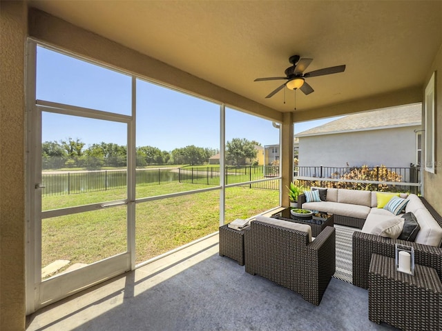 7852 Stoney Hill Dr, Wesley Chapel, FL 33545 - sunroom / solarium with an outdoor living space, a ceiling fan, a water view, and plenty of natural light
