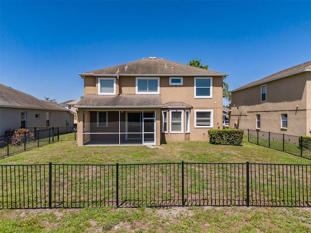 7852 Stoney Hill Dr, Wesley Chapel, FL 33545 - back of property with stucco siding, a sunroom, and roof with shingles