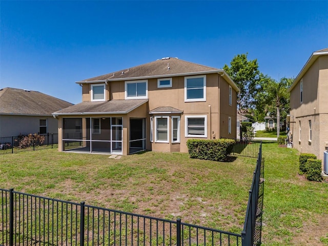 7852 Stoney Hill Dr, Wesley Chapel, FL 33545 - back of property featuring a sunroom, stucco siding, and roof with shingles
