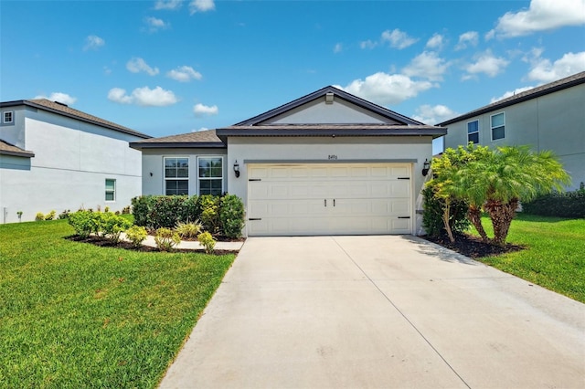 8496 Starlight Loop, Parrish, FL 34219 - ranch-style home featuring a front yard, stucco siding, driveway, and a garage