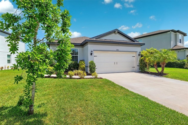 8496 Starlight Loop, Parrish, FL 34219 - ranch-style home with driveway, a garage, stucco siding, and a front lawn