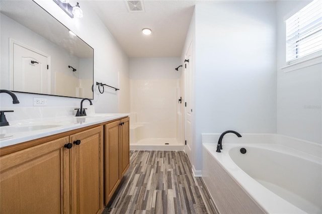 14384 NW 160th Ln, Alachua, FL 32615 - full bath featuring a shower, wood finished floors, a bath, and double vanity