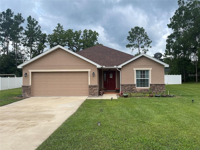 6376 SW 117th Street Rd, Ocala, FL 34476 - single story home with stucco siding, stone siding, an attached garage, concrete driveway, and roof with shingles
