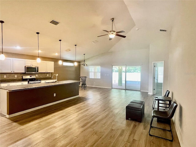 6376 SW 117th Street Rd, Ocala, FL 34476 - kitchen with stainless steel appliances, a sink, open floor plan, high vaulted ceiling, and light wood-type flooring