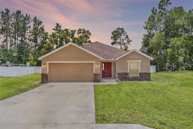6376 SW 117th Street Rd, Ocala, FL 34476 - ranch-style home featuring stone siding, stucco siding, an attached garage, and concrete driveway