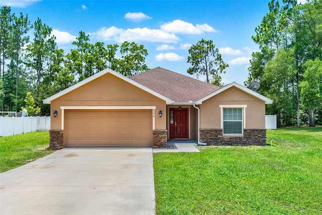 6376 SW 117th Street Rd, Ocala, FL 34476 - ranch-style house with stone siding, stucco siding, a garage, and concrete driveway