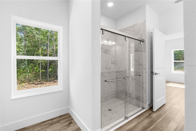 16247 Little Auk Rd, Weeki Wachee, FL 34614 - bathroom with plenty of natural light, baseboards, a marble finish shower, wood finished floors, and recessed lighting