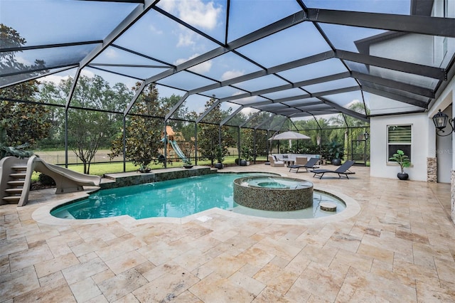 17724 Daisy Farm Dr, Lutz, FL 33559 - view of pool with a water slide, a patio area, a pool with connected hot tub, glass enclosure, and an outdoor living space