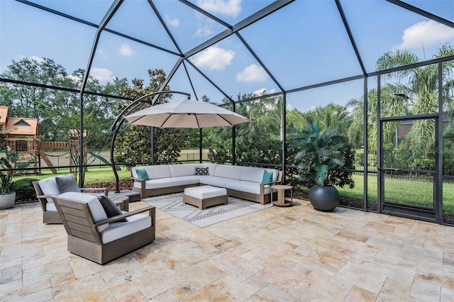 17724 Daisy Farm Dr, Lutz, FL 33559 - view of patio with an outdoor living space, glass enclosure, and a playground