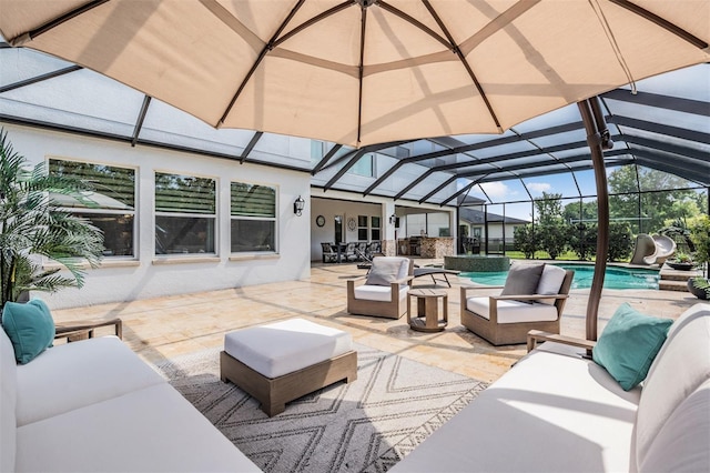 17724 Daisy Farm Dr, Lutz, FL 33559 - view of patio with an outdoor hangout area, an outdoor pool, and glass enclosure