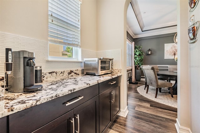 17724 Daisy Farm Dr, Lutz, FL 33559 - kitchen with dark wood finished floors, backsplash, ornamental molding, light stone counters, and arched walkways