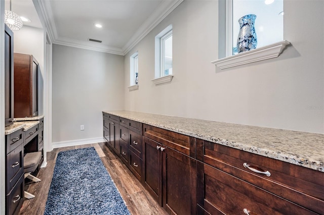 17724 Daisy Farm Dr, Lutz, FL 33559 - bathroom with vanity, wood finished floors, ornamental molding, and recessed lighting