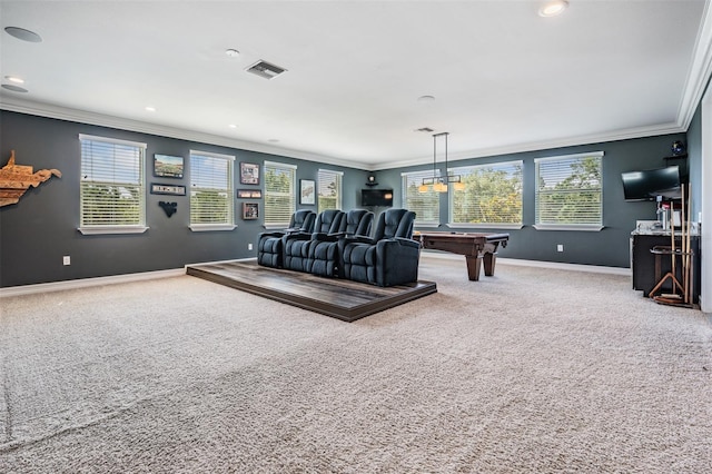 17724 Daisy Farm Dr, Lutz, FL 33559 - carpeted home theater featuring ornamental molding, pool table, plenty of natural light, and recessed lighting