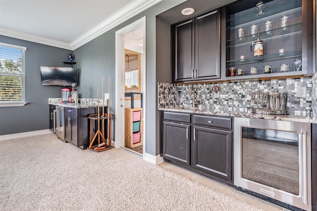 17724 Daisy Farm Dr, Lutz, FL 33559 - indoor wet bar featuring wine cooler, crown molding, tasteful backsplash, and light colored carpet