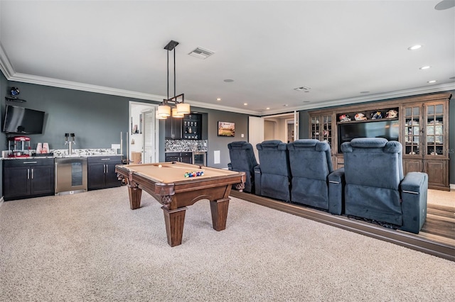 17724 Daisy Farm Dr, Lutz, FL 33559 - rec room featuring wet bar, crown molding, carpet flooring, pool table, and recessed lighting