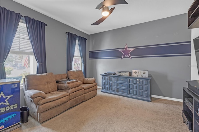 11684 Brighton Knoll Loop, Riverview, FL 33579 - living area featuring carpet, ceiling fan, and baseboards