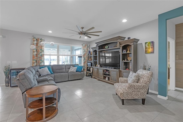 11684 Brighton Knoll Loop, Riverview, FL 33579 - living room with a ceiling fan, light tile patterned floors, recessed lighting, and baseboards