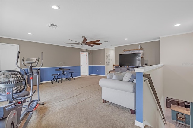 11684 Brighton Knoll Loop, Riverview, FL 33579 - exercise area with recessed lighting, a ceiling fan, crown molding, baseboards, and carpet
