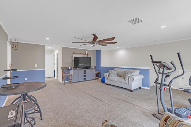 11684 Brighton Knoll Loop, Riverview, FL 33579 - carpeted living room with ceiling fan, recessed lighting, ornamental molding, and baseboards