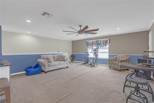 11684 Brighton Knoll Loop, Riverview, FL 33579 - living area featuring a ceiling fan, carpet flooring, recessed lighting, baseboards, and ornamental molding