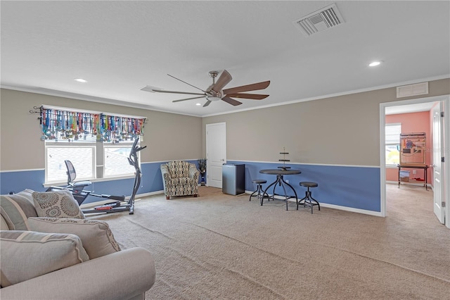 11684 Brighton Knoll Loop, Riverview, FL 33579 - carpeted living area featuring ceiling fan, recessed lighting, baseboards, and crown molding