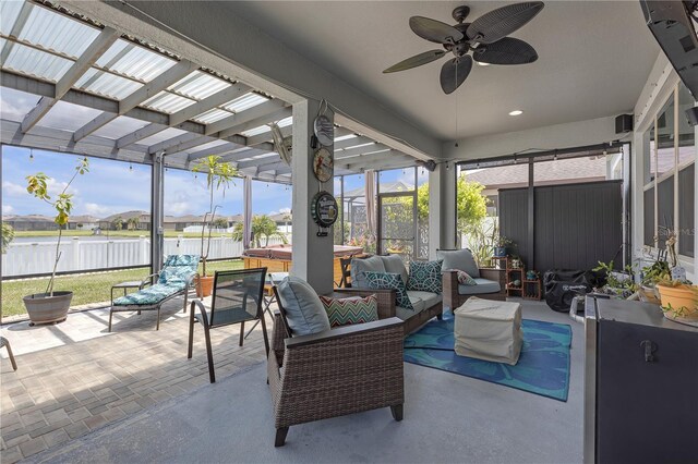 11684 Brighton Knoll Loop, Riverview, FL 33579 - sunroom featuring an outdoor hangout area, ceiling fan, and a water view