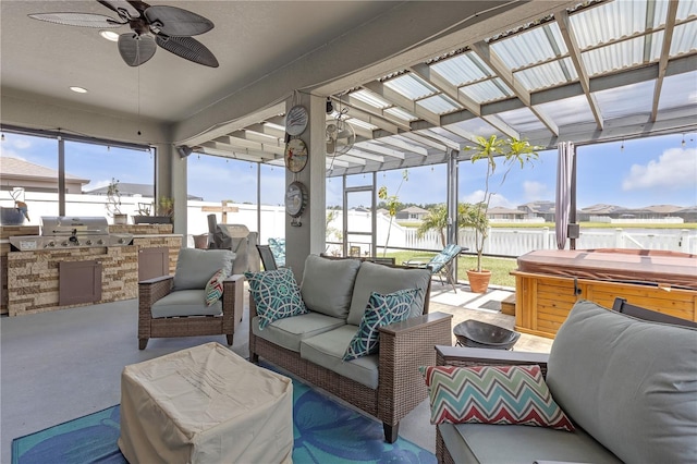 11684 Brighton Knoll Loop, Riverview, FL 33579 - view of patio / terrace featuring a hot tub, an outdoor living space, and a ceiling fan