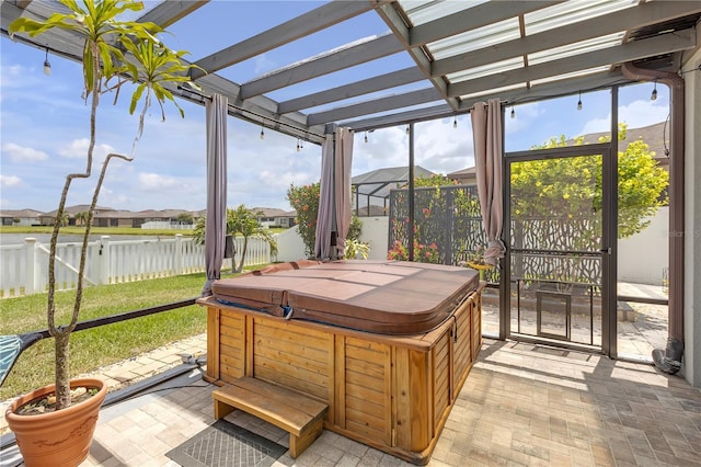 11684 Brighton Knoll Loop, Riverview, FL 33579 - sunroom / solarium featuring a hot tub, a water view, and a residential view