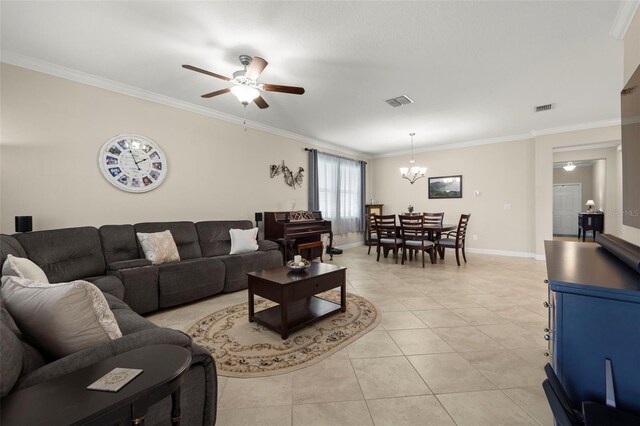 3972 Wisdom Trl, Land O Lakes, FL 34638 - living room featuring ornamental molding, ceiling fan, a chandelier, light tile patterned floors, and baseboards